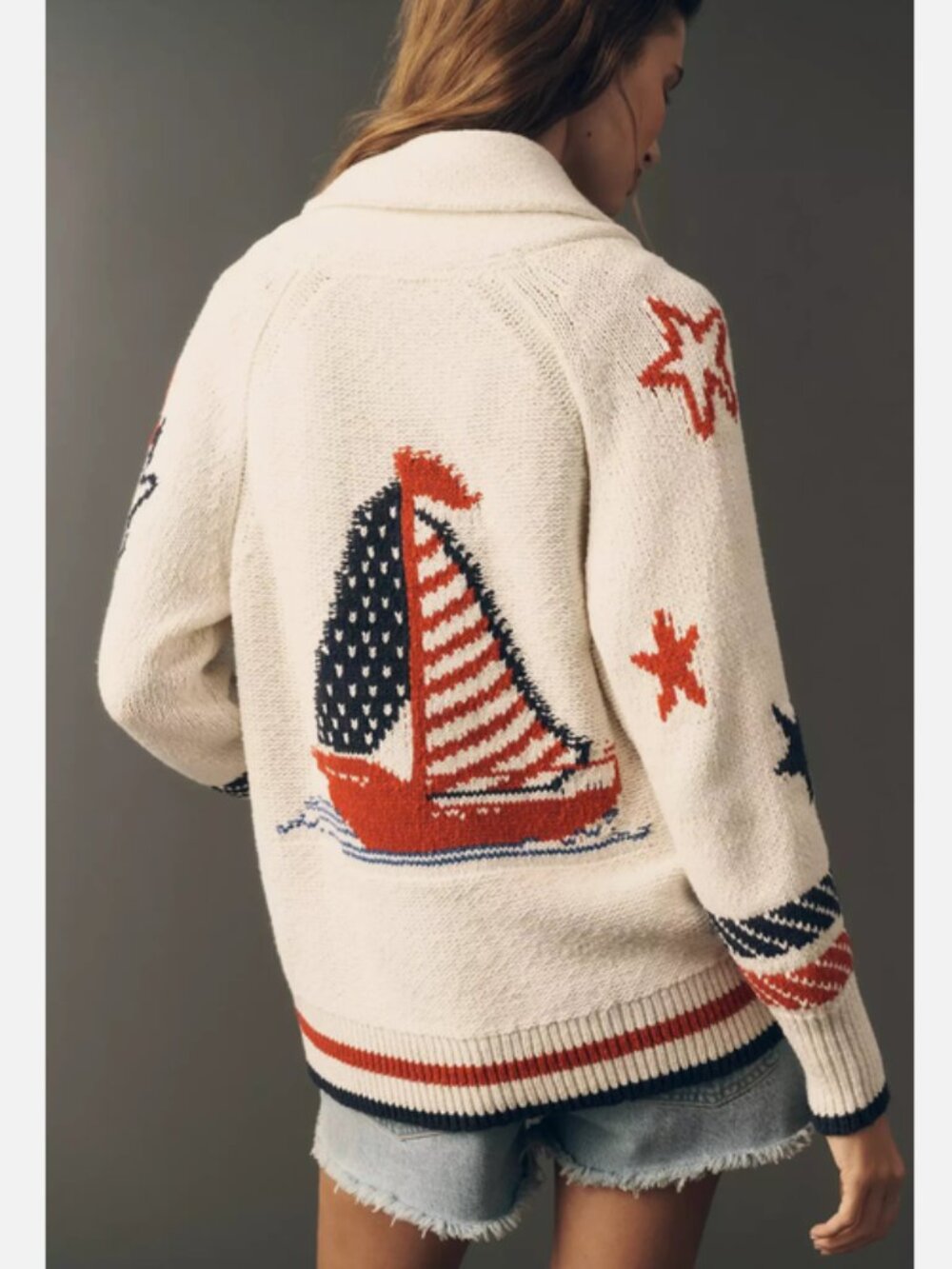 Anthropologie Maeve Sailboat Cardigan Sweater Nautical Boat M NWT Patriotic USA - Picture 2 of 6